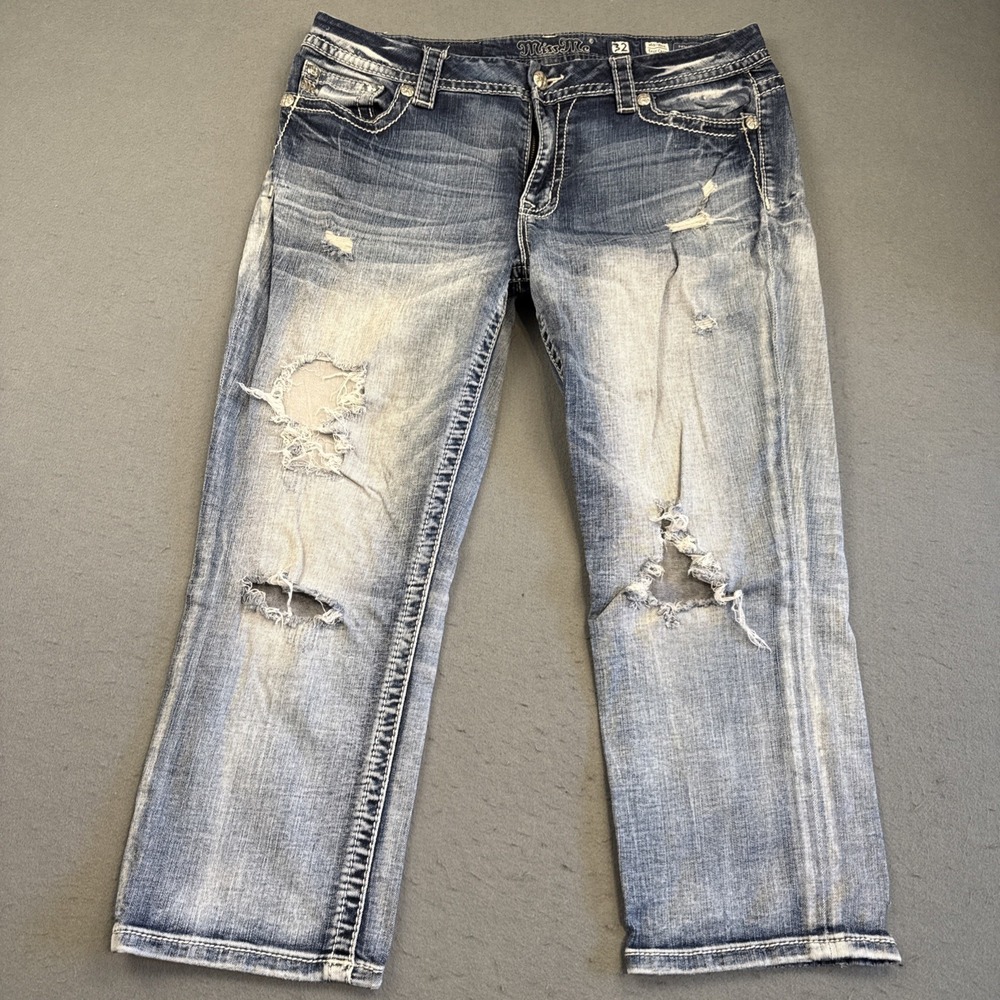 Miss Me JEANS WOMENS 32 EASY CROP Embroidered Flower Stretch Denim WHISKERING - Picture 3 of 9